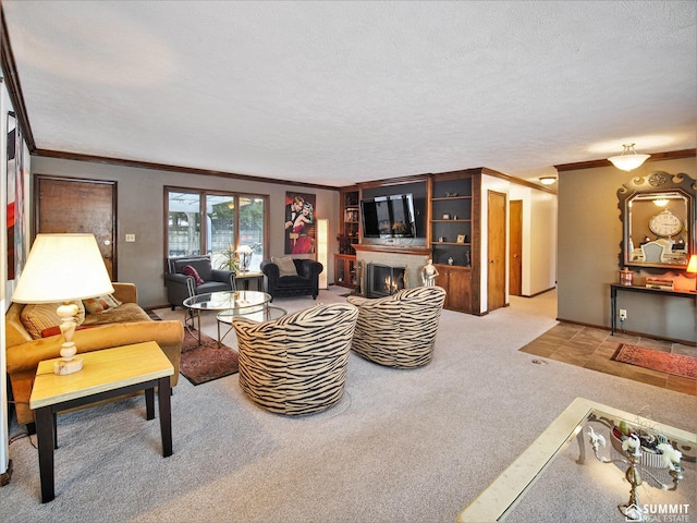 living area with light carpet, a lit fireplace, ornamental molding, and a textured ceiling