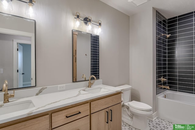 full bathroom featuring tub / shower combination, a sink, toilet, and double vanity