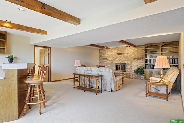 living room featuring recessed lighting, light colored carpet, baseboards, a brick fireplace, and beam ceiling