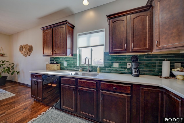 kitchen with tasteful backsplash, dark wood finished floors, dishwasher, light countertops, and dark brown cabinets