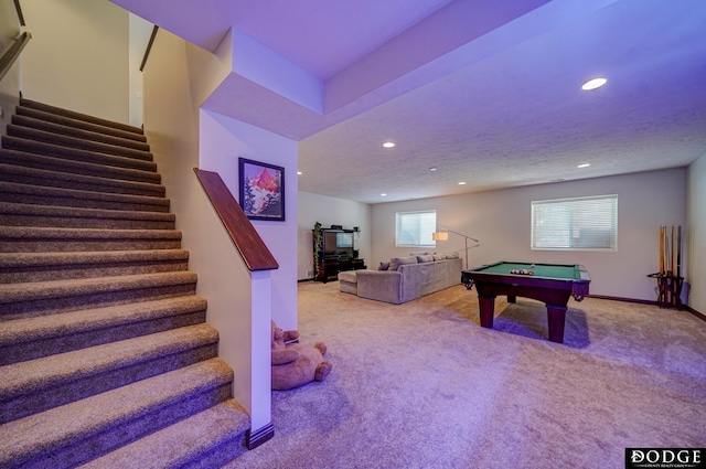 playroom featuring recessed lighting, pool table, carpet flooring, and baseboards