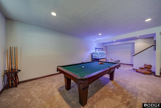 game room featuring pool table, carpet, baseboards, and recessed lighting