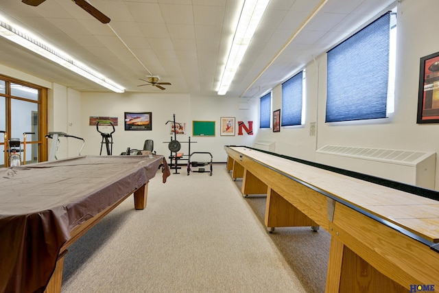 playroom with billiards, ceiling fan, and light colored carpet