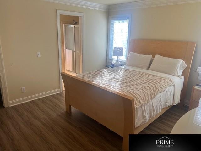 bedroom featuring ornamental molding, dark wood-type flooring, and baseboards