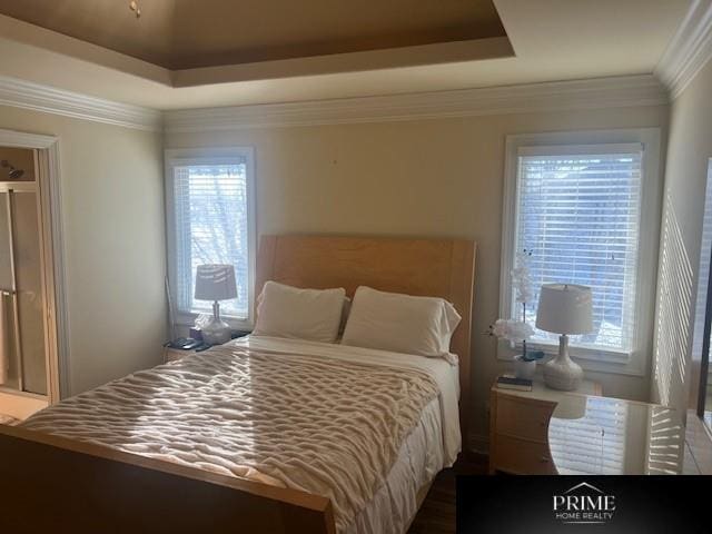 bedroom featuring ornamental molding and a raised ceiling