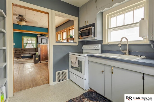 kitchen with a sink, visible vents, stainless steel microwave, and electric stove