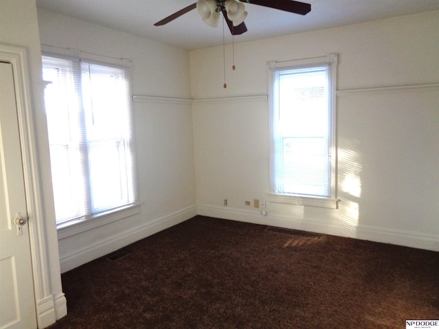 empty room featuring a healthy amount of sunlight, visible vents, dark carpet, and baseboards