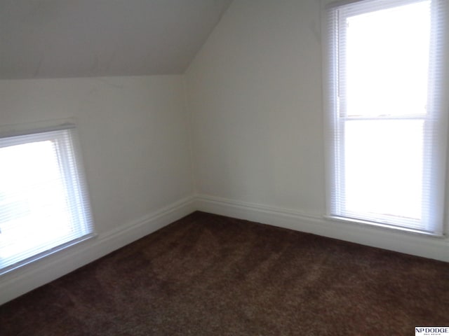 additional living space featuring lofted ceiling, baseboards, and dark carpet