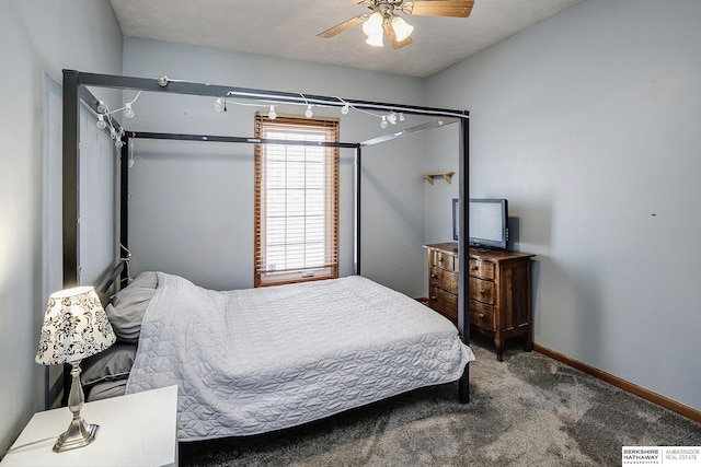 bedroom with visible vents, baseboards, ceiling fan, and carpet flooring