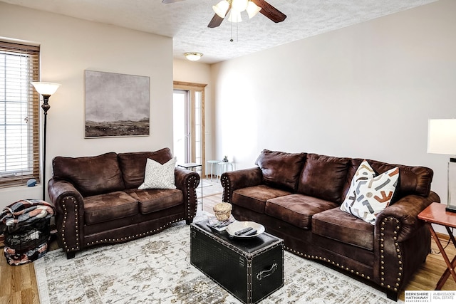 living area with wood finished floors, a wealth of natural light, and a textured ceiling