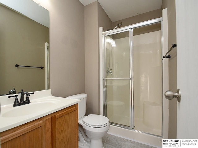 bathroom with a shower stall, toilet, and vanity