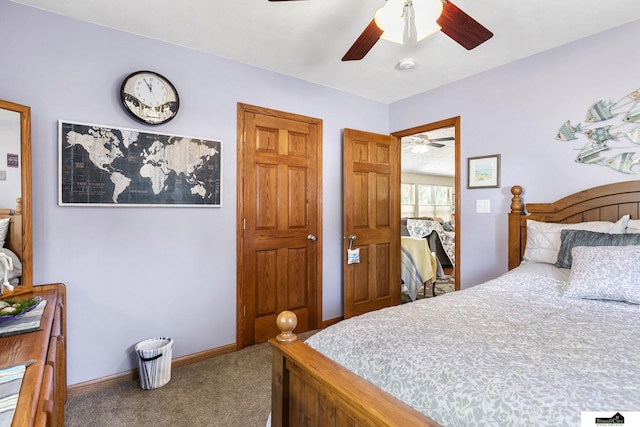 bedroom with carpet floors, baseboards, and a ceiling fan