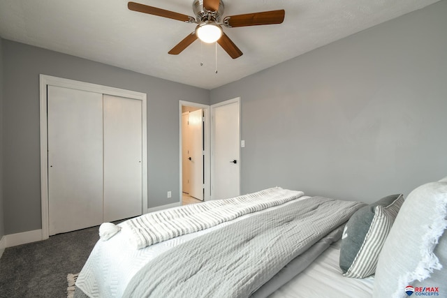 bedroom featuring a closet, carpet flooring, ceiling fan, and baseboards