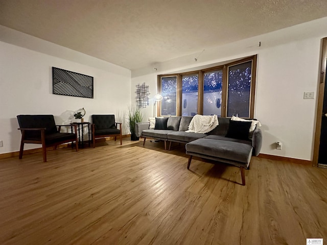 living room featuring a textured ceiling, baseboards, and wood finished floors