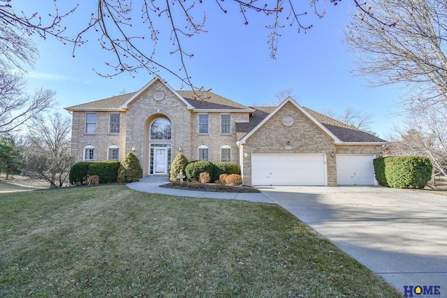 view of front of home with brick siding, a front lawn, concrete driveway, roof with shingles, and a garage