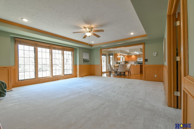 unfurnished living room with carpet flooring, a raised ceiling, a textured ceiling, and wainscoting