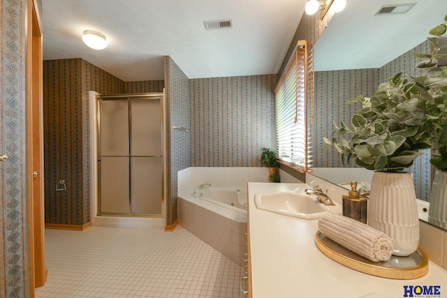 full bath with visible vents, tile patterned flooring, and wallpapered walls