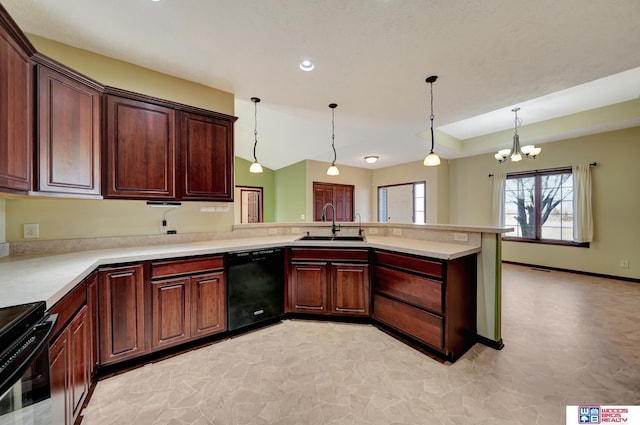 kitchen featuring dishwasher, a peninsula, electric stove, a notable chandelier, and a sink