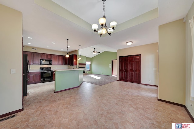 kitchen featuring visible vents, black appliances, ceiling fan with notable chandelier, open floor plan, and light countertops