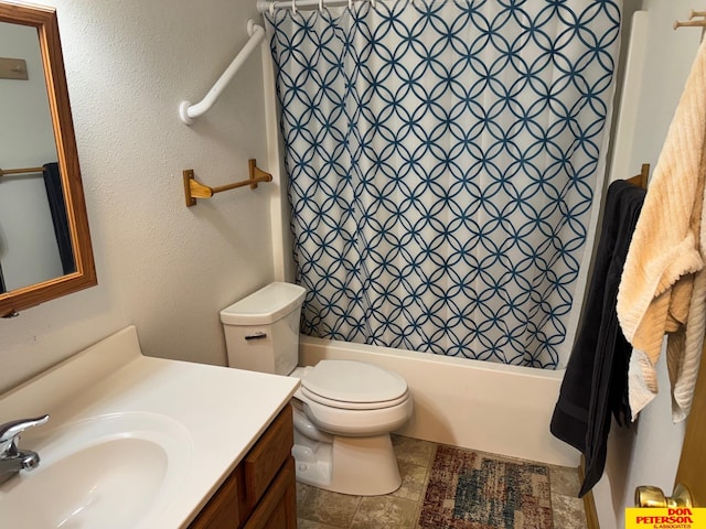 full bathroom with a textured wall, vanity, toilet, and shower / bathtub combination with curtain