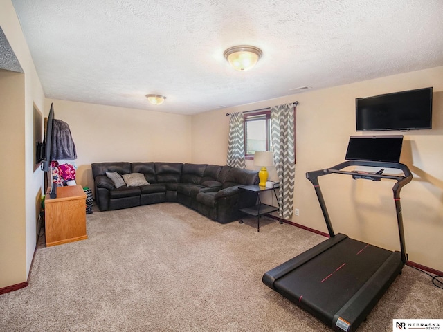 workout area with carpet floors, baseboards, a textured ceiling, and visible vents
