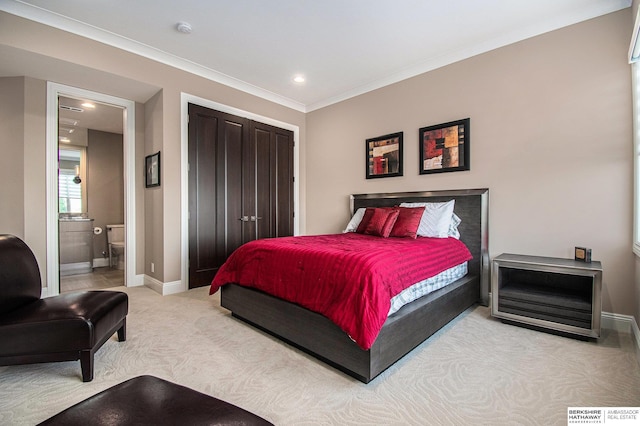 bedroom featuring light colored carpet, visible vents, baseboards, ornamental molding, and a closet