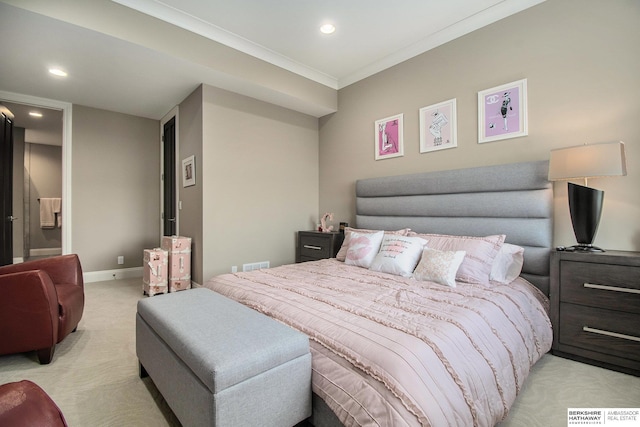 bedroom featuring recessed lighting, light colored carpet, crown molding, and baseboards