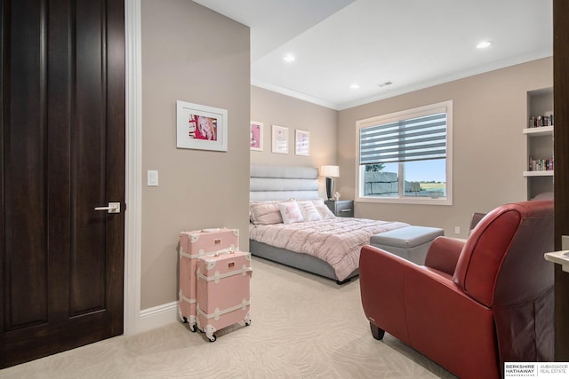 bedroom with recessed lighting, light colored carpet, visible vents, baseboards, and ornamental molding