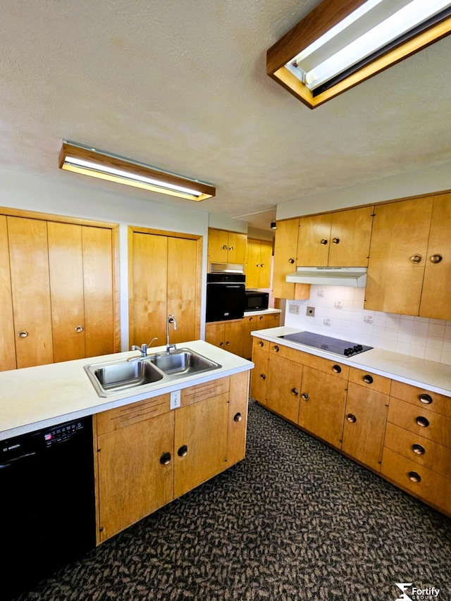 504 N Plum St, Shickley, NE 68436 - kitchen with black appliances, a sink, under cabinet range hood, and tasteful backsplash