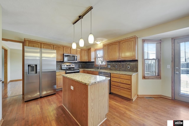 kitchen with stainless steel appliances, a sink, a center island, hanging light fixtures, and decorative backsplash