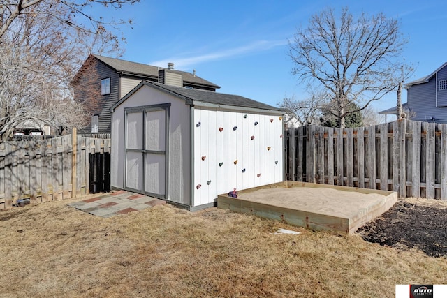 view of shed with a fenced backyard