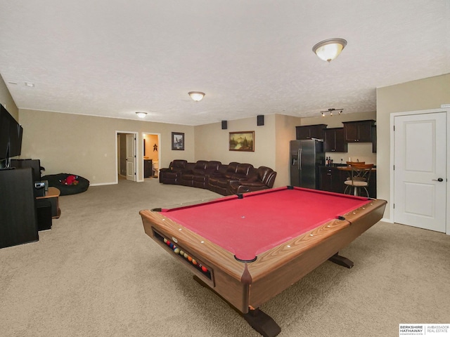 rec room with a textured ceiling, pool table, carpet flooring, and visible vents