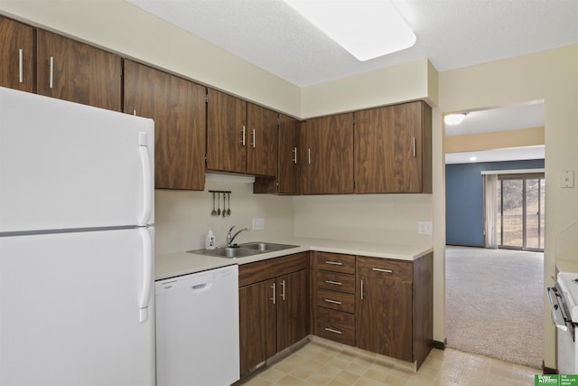 kitchen with light colored carpet, white appliances, a sink, light countertops, and dark brown cabinets