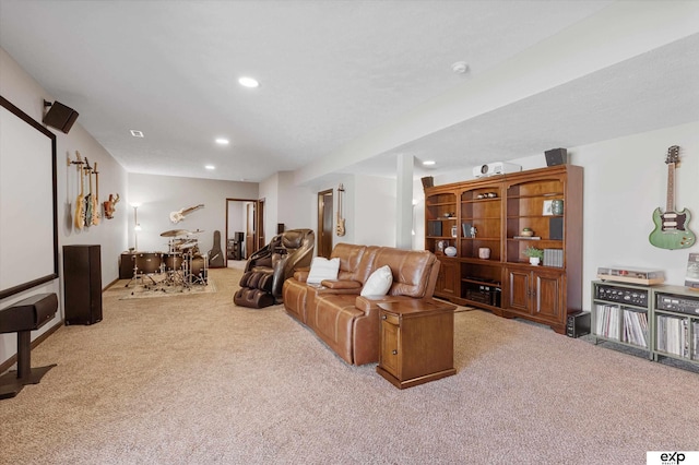 home theater featuring recessed lighting and light colored carpet