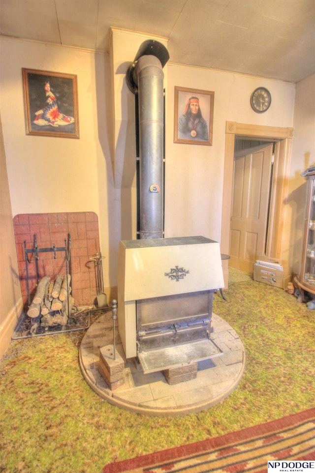 room details featuring a wood stove and carpet flooring