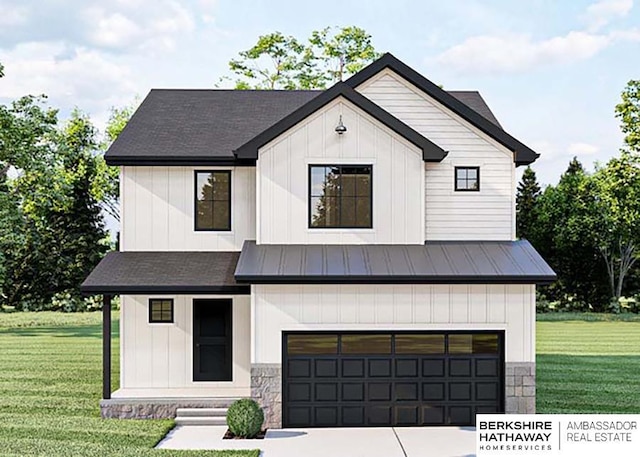 modern inspired farmhouse with a standing seam roof, an attached garage, concrete driveway, and a front yard