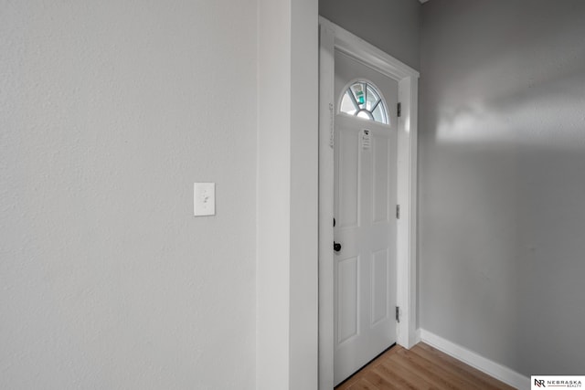 entryway with baseboards and wood finished floors