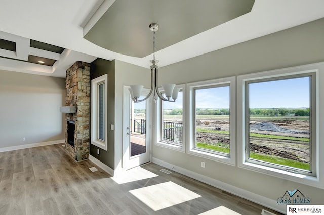 unfurnished dining area featuring plenty of natural light, baseboards, wood finished floors, and a stone fireplace