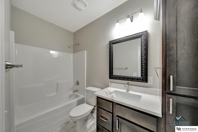 full bath with toilet, marble finish floor, vanity, and bathing tub / shower combination