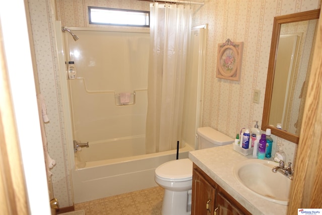 full bath with wallpapered walls, toilet, tile patterned floors, shower / bathtub combination with curtain, and vanity