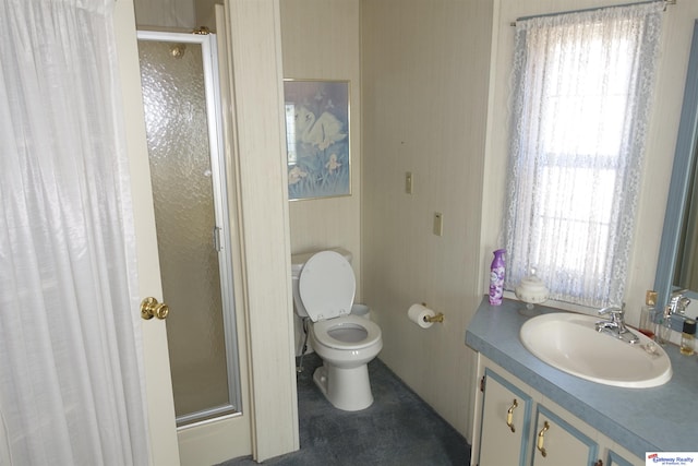 bathroom featuring a stall shower, vanity, and toilet