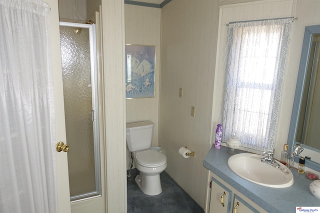 bathroom with a shower with door, plenty of natural light, vanity, and toilet