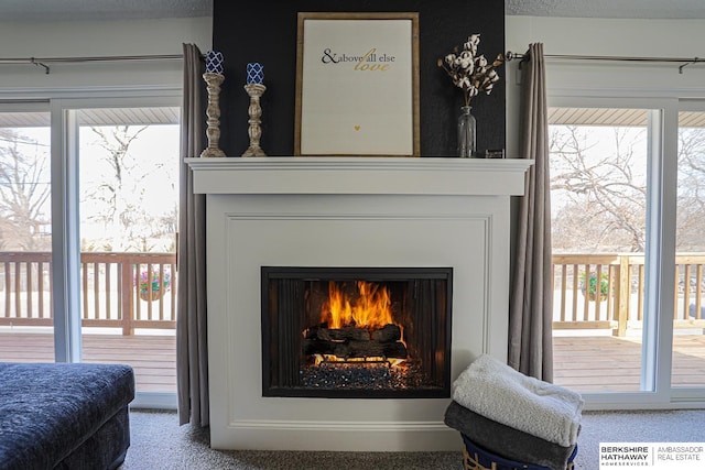 room details featuring a lit fireplace and carpet flooring