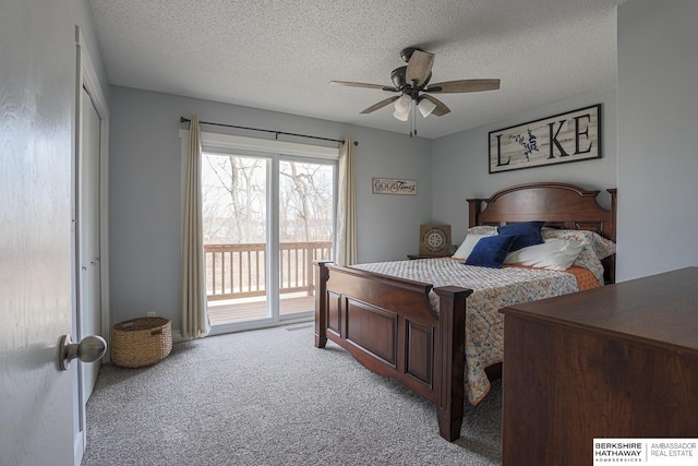 bedroom with light carpet, access to outside, a ceiling fan, and a textured ceiling