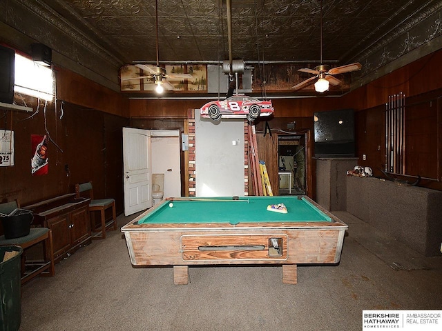 recreation room featuring carpet, an ornate ceiling, billiards, and a ceiling fan