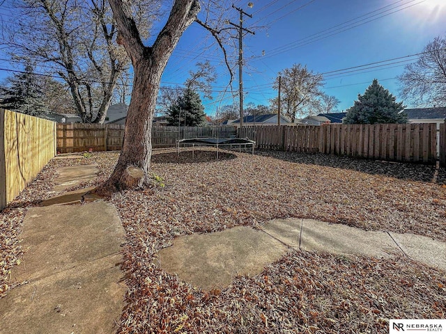 view of yard with a trampoline, a patio area, and a fenced backyard