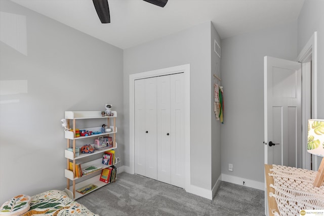 bedroom with carpet, a closet, visible vents, and baseboards