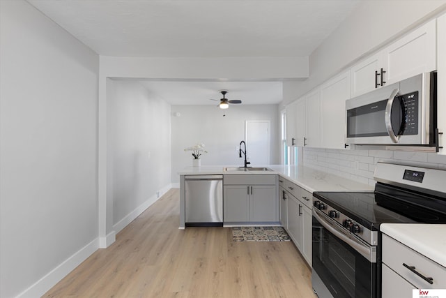 kitchen with backsplash, appliances with stainless steel finishes, a sink, light wood-type flooring, and a peninsula