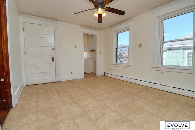 unfurnished room with a baseboard heating unit, light floors, and a ceiling fan