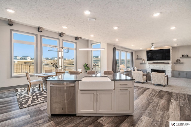 kitchen featuring a sink, dark wood-type flooring, stainless steel dishwasher, and a fireplace